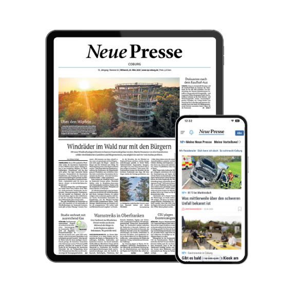 Tablet and smartphone displaying the Neue Presse digital newspaper app's front pages.