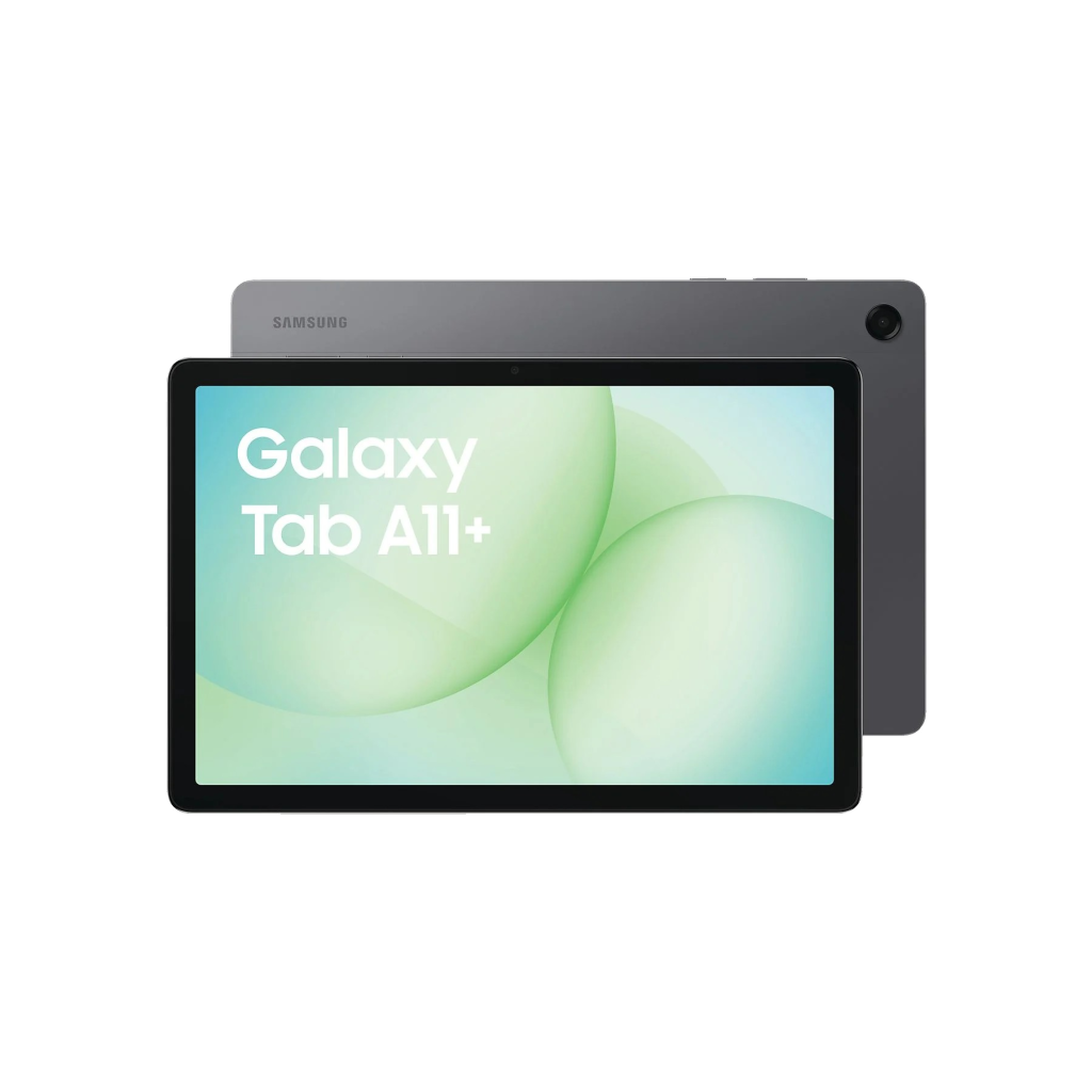 Samsung Galaxy Tab A11+ tablet shown from the back with gray finish and a rear camera in the top-right corner, front screen visible with colorful wallpaper