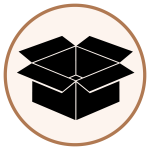 Open cardboard box icon inside a beige circular badge with a brown border, representing packaging or shipping.