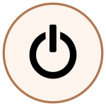 Power button icon (on/off) centered in a beige circular badge with a brown border